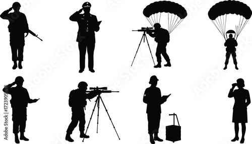 Military silhouettes, soldiers saluting, paratroopers descending, sniper aiming, officer commanding, soldier with equipment, armed forces vector illustration