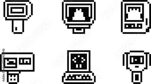 Pixel art icons of various camera flashes and lighting equipment