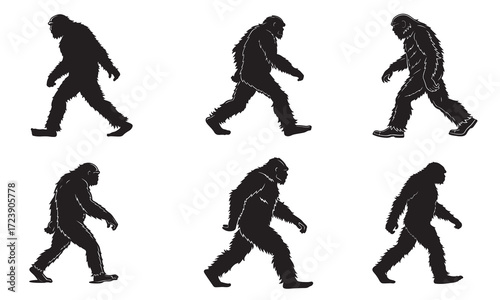 This image showcases a series of black silhouette figures depicting the evolution of a Bigfoot creature, from a more ape-like stance to a more human-like posture.