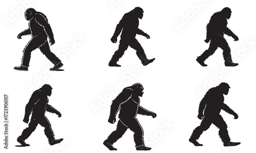 This image showcases a series of black silhouette figures depicting the evolution of a Bigfoot creature, from a more ape-like stance to a more human-like posture.