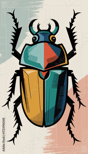 Flat illustration of a multi-colored scarab beetle in the Egyptian style. Vector graphics. EPS.