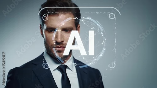 Caucasian Man in Dark Suit Interacting with Holographic Display in Gray Background with Light Burst and Futuristic Technology