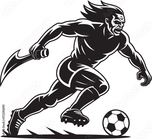 Warrior Soccer Player Mascot Character Run With Ball Football Team Black White Silhouette
