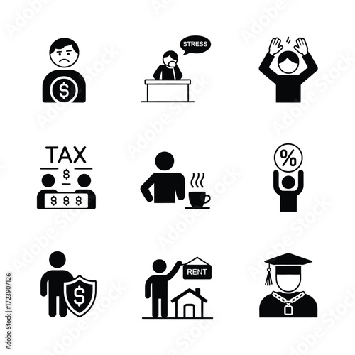 Financial problems and stress icon set