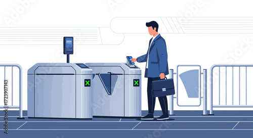 Businessman using smartphone to pass through automatic gate at subway station illustration