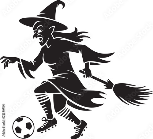 Witch mascot silhouette soccer player dribbling football with broomstick vector art