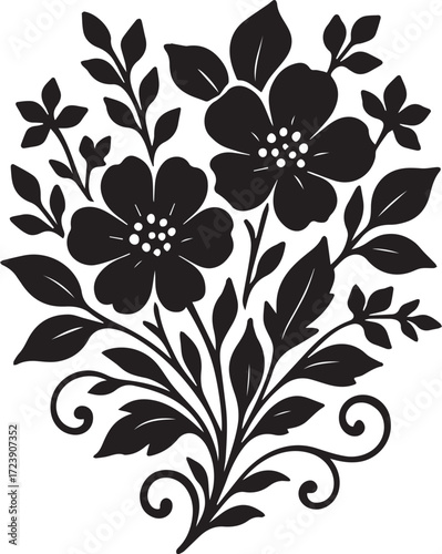 Flowers' silhouettes, leaves of a  branch, hand-drawn vector illustration, black and white vector clipart