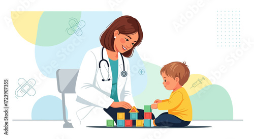 Caring doctor playing with a child using building blocks in a medical environment creating a