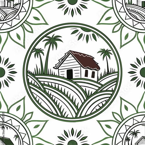 Serene village hut paddy field mandala vector illustration for decorative designs vector