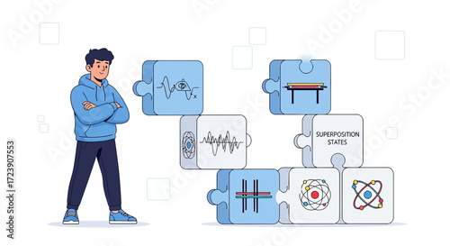 Cartoon illustration of a man standing next to quantum physics puzzle pieces stacked together