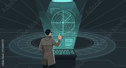 Cartoon illustration of a spy analyzing data on a holographic display screen in a dark room