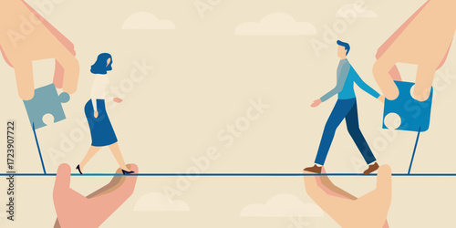 Two people walking on a tightrope supported by hands holding puzzle pieces