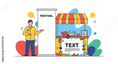 Colorful festival promotion illustration with presentation and market stall design event advertising