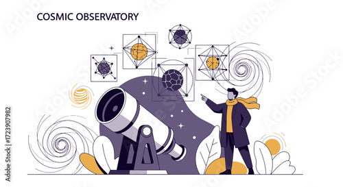 Conceptual illustration showcasing astronomical observation and scientific discovery of cosmos