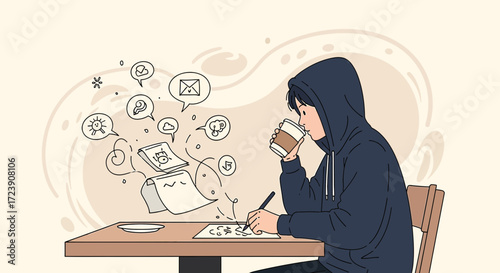 Creative artist with coffee working on a project inspiration and ideas concept illustration in