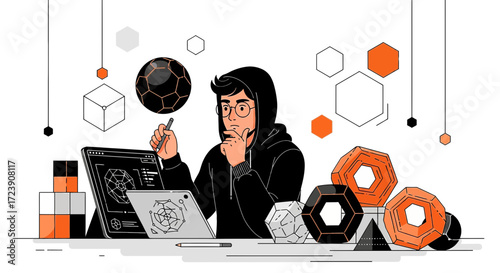 Creative digital artist designing complex 3D models and virtual environments on tablet