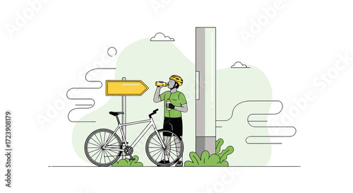 Cyclist taking a break and hydrating during outdoor adventure, illustration style vector art