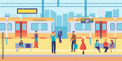 Diverse group of people waiting on a train station platform with modern trains and city skyline in background