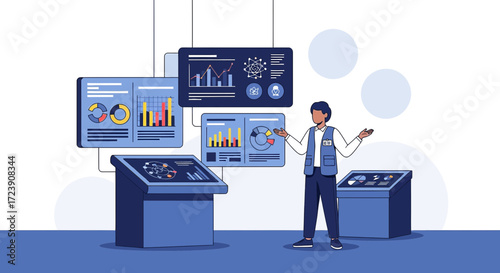 Data visualization exhibition featuring an educator presenting interactive charts and graphs