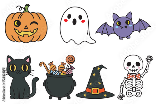 A cute cartoonish Halloween icons collection featuring smiling pumpkins with funny expressions, adorable rounded ghosts, playful black cats, tiny-winged bats, candy buckets filled with sweets,