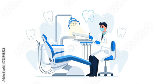 Detailed illustration of a dentist in a clinic providing specialized dental care services for oral