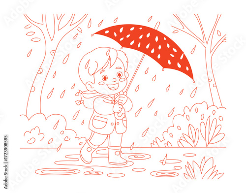 Joyful child exploring a rainy day, splashing in puddles with a vibrant red umbrella illustration