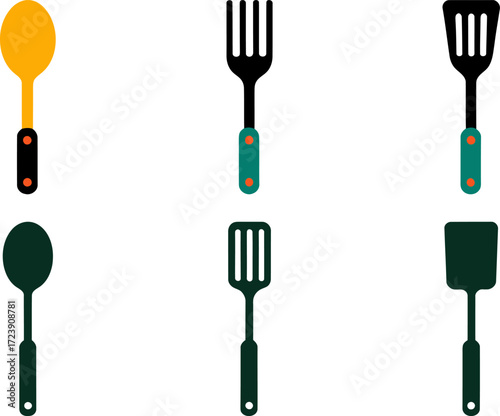 Set of 6 kitchen utensils icons spatula spoon and fork cooking tools Minimalist flat design Vector illustration