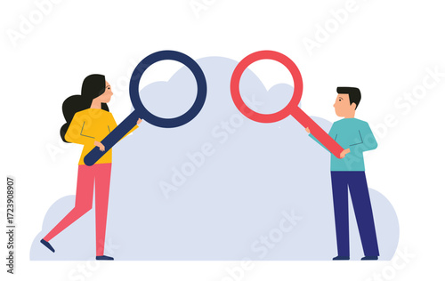 Man and woman with magnifying glass. Tiny characters with huge optical tool in hand. Research and analysis symbol. Spy people.