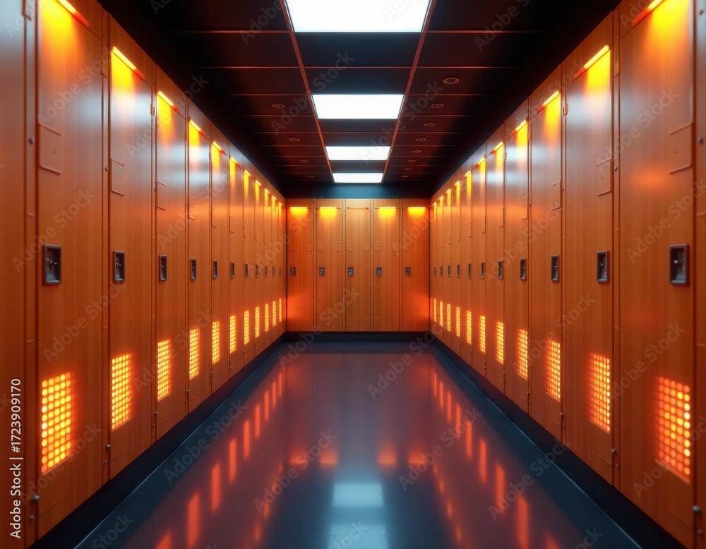 Fototapeta premium Modern Orange Locker Room Corridor with Dynamic Illumination.