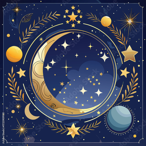 Celestial Night Sky Gold Moon Stars Planets Design Art celestial