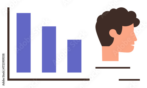 Minimalistic human head profile alongside descending bar chart, showcasing analysis, statistics, and progress trends. Ideal for business, evaluation, decision-making, trends, growth performance