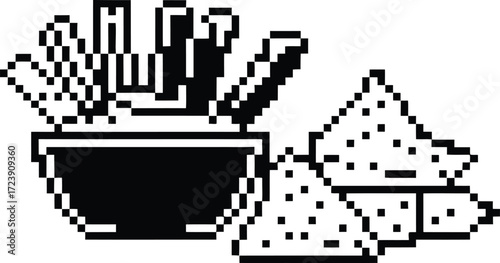 Pixel art illustration of french fries and nachos with seasoning