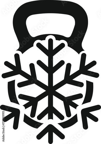 kettlebell with snowflake logo. winter fitness, cold weather workout, ice gym vector icon