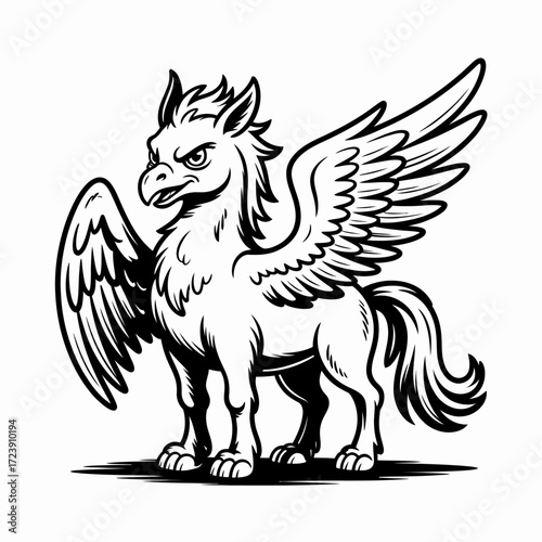 Line Art Griffin Illustration | Mythical Griffin Vector Graphic | Stylized Lion-Eagle Griffin Drawing