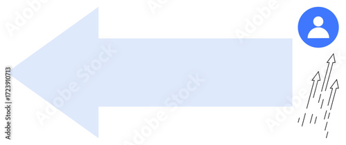 Large left-pointing arrow combined with user icon and upward arrows indicating movement, growth, change, and progress. Ideal for navigation, guidance, direction, growth, improvement development