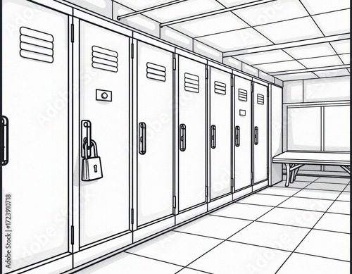 Empty School Locker Room Black and White Line Art Illustration