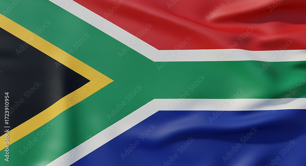 Obraz premium Closeup shot of the south africa flag waving in the wind against a clear blue sky, showcasing the national symbol of south africa with its vibrant colors, representing the countrys identity and herita