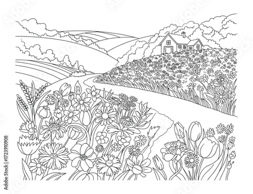 A detailed black and white illustration of a country farmhouse and flower field for a coloring page