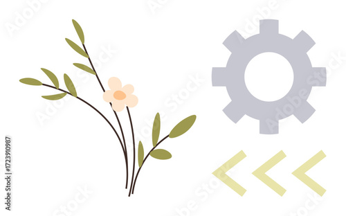 Flower with leaves beside gear and arrows blending nature and technology. Ideal for innovation, sustainability, harmony, growth, progress, creativity, environmental balance. A simple flat metaphor