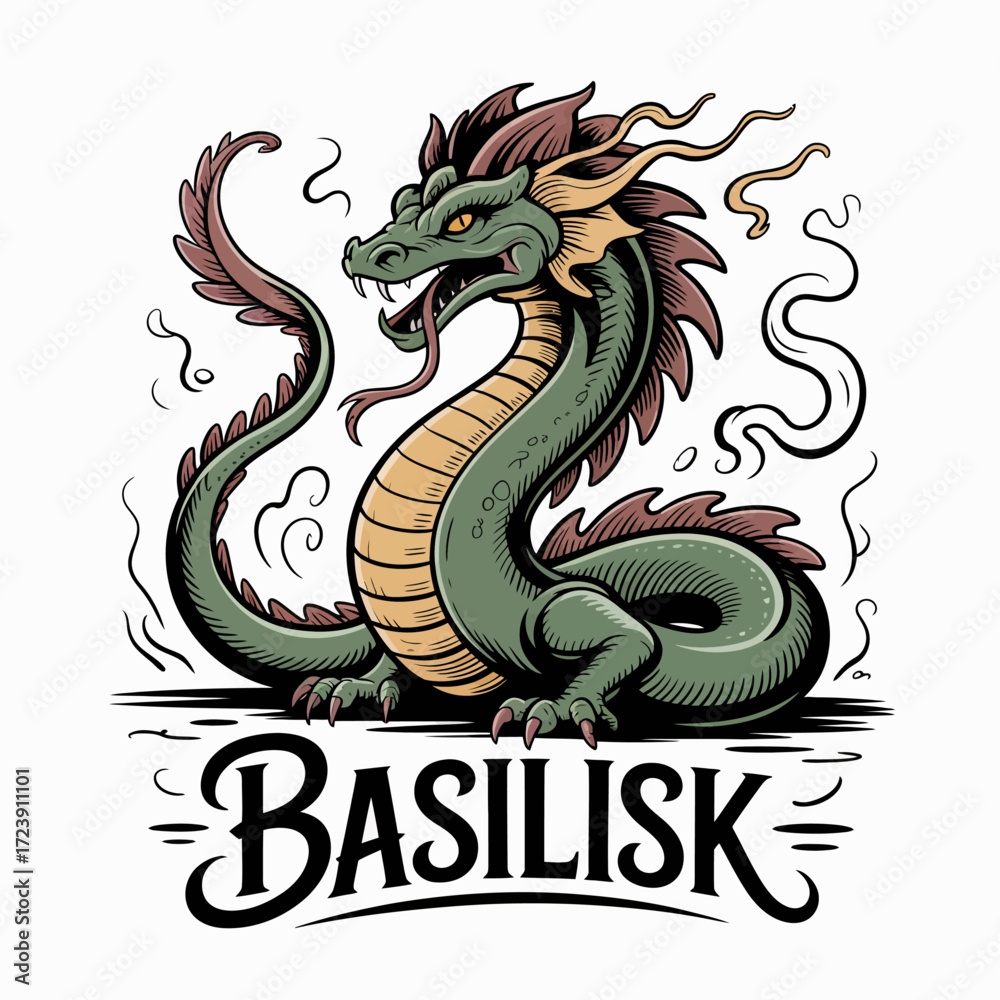 Fototapeta premium Cartoon Basilisk Illustration with Text | Stylized Green Basilisk Vector | Whimsical Basilisk Line Art Graphic