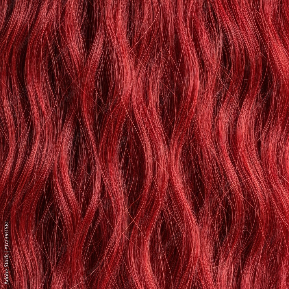 Naklejka premium Close-up view of vibrant red wavy hair texture revealing subtle highlights and soft transitions creating a visually appealing and elegant surface for various applications .