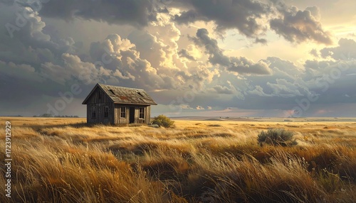 Weathered rustic shack stands isolated in a windswept golden prairie under a dramatic and moody sky, symbolizing solitude and the passage of time