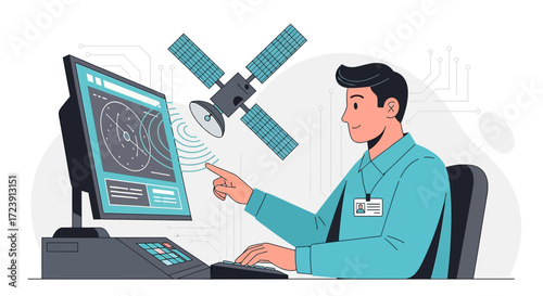Engineer Monitoring Satellite Communication on Computer Screen in Control Center
