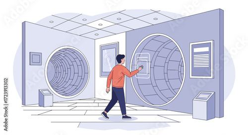 Exploring a futuristic museum exhibition with interactive technology and circular portals