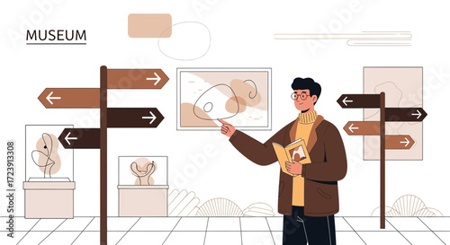 Exploring art and culture, a visitor navigates a museum exhibition with a guide book