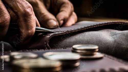 Macro shot of hand stitching leather wallet showing artisan craftsmanship detail, high resolution handmade craft and design concept