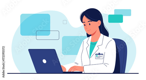 Female doctor working on a laptop computer for online consultation or research in a clinic office