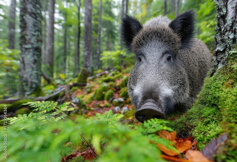Obraz premium a wild boar in the forest, eating leaves