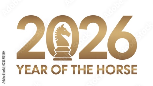 Golden year of the horse design featuring the year 2026 with a horse chess piece in the zero on transparent background