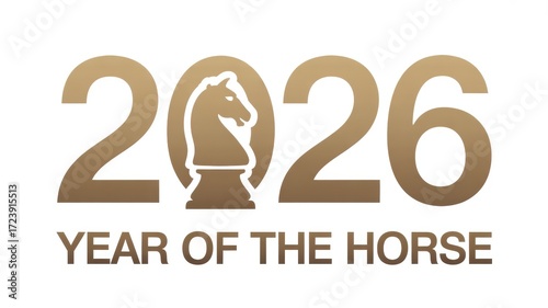 A golden graphic with the year 2026 and a horse chess piece for the year of the horse on transparent background